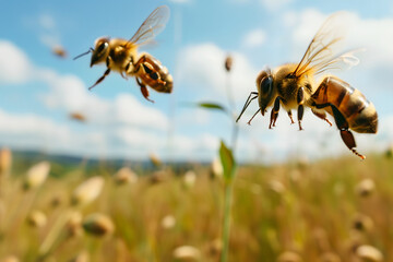 two honeybees above field at sunny summer day - obrazy, fototapety, plakaty