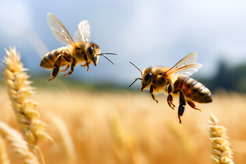 two honeybees above field at sunny summer day