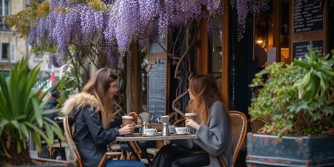 Two French ladies enjoying coffee at a terrace with wisteria in full blossom.