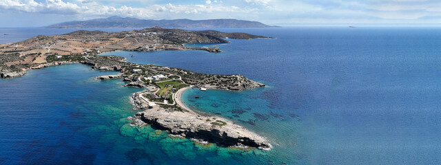 Aerial drone ultra wide photo of paradise secluded beach and bay of Agios Vasileios located in long...