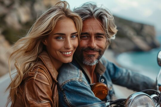 An affectionate couple with a man and woman smiling while enjoying a motorcycle ride near the coast