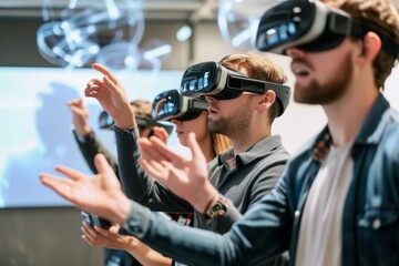 A group of individuals actively participate in a collaborative VR workshop, reaching out and visualizing concepts in a high-tech environment.