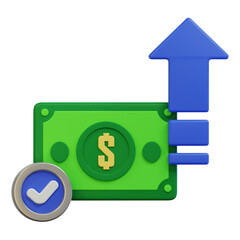 income increase symbolized with dollar money, check mark and up arrow 3d illustration