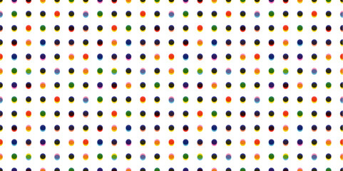Seamless polka dot pattern. Risograph effect. Vector illustration with small orange, green, blue, yellow dots on a white backdrop. Cute dotted wrapping paper sample. Creative grid texture round shapes