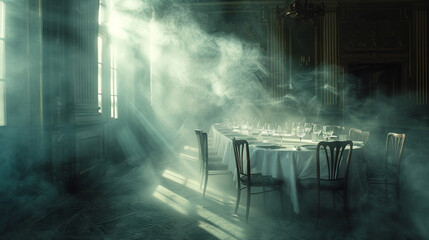 A surreal banquet hall, set for guests who vanished into the aether, chairs rocking gently in a dreamy, unsettling rhythm