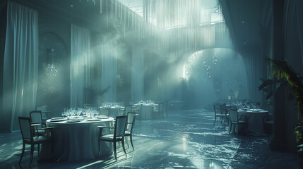 A surreal banquet hall, set for guests who vanished into the aether, chairs rocking gently in a dreamy, unsettling rhythm - obrazy, fototapety, plakaty