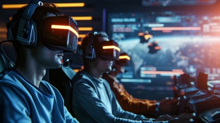 In a vibrant gaming arena, players with VR headsets compete in an intense, visually stunning virtual reality environment.
