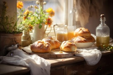 Obraz premium Freshly buns on a cutting board with flowers and, bathed in morning.