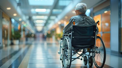 An elderly man sits in a wheelchair in a brightly lit, modern facility corridor, symbolizing healthcare and mobility assistance.
