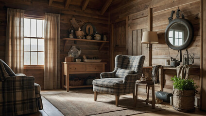 Fototapeta na wymiar Farmhouse-style room with a plaid-patterned armchair against a shiplap wall. 