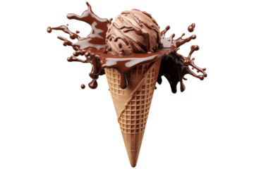 Fresh chocolate Ice cream scoop on waffle cone PNG with chocolate splash isolated on white and transparent background cutout, chocolate flavour Mockup template for ice dessert cream advertising