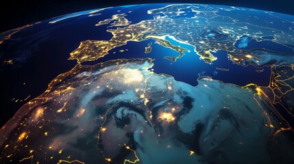 Illuminated Network of Europe and Africa: A Nighttime View from Space. - obrazy, fototapety, plakaty