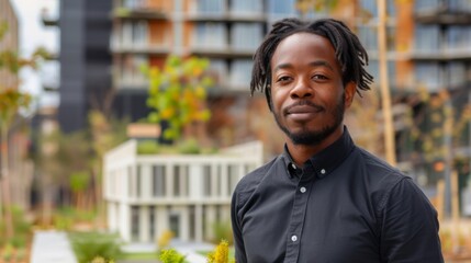 Urban Green Advocate: Young African American Man in Sustainable Cityscape.
