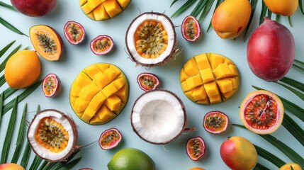 A knolling flat lay photo of juicy tropical fruits, coconut, passion fruit, mango, bright pastel color. Generative AI.