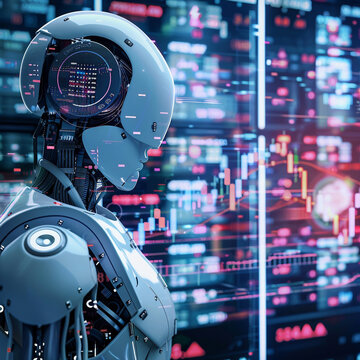 AI-driven stock market analysis, holographic data streams forecasting financial futures