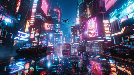 Cyberpunk cityscape with neon ads, showcasing a future lifestyle, vibrant nightlife, and advanced tech