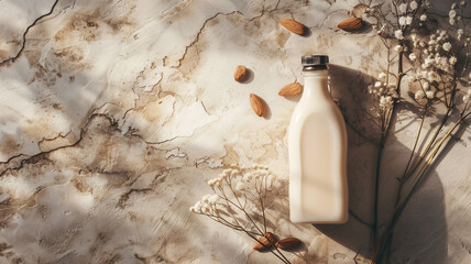 Bottle of almond milk studio shot , Healthy eating concept .
