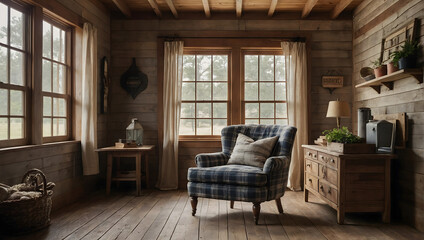 Fototapeta na wymiar Farmhouse-style room with a plaid-patterned armchair against a shiplap wall.