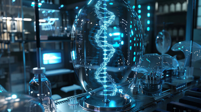 Cybernetic lab with holographic DNA strands, targeting rare genetic disorders for cure