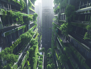 Eco-futuristic living space, green roofs and vertical gardens inside skyscrapers, self-sustaining and high-tech - obrazy, fototapety, plakaty
