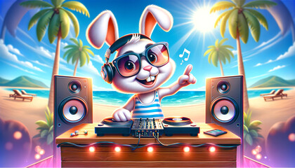 A cartoon rabbit DJ with headphones and sunglasses plays music on turntables at a beach party under the bright sun with palm trees.DJ concept.AI generated. - obrazy, fototapety, plakaty