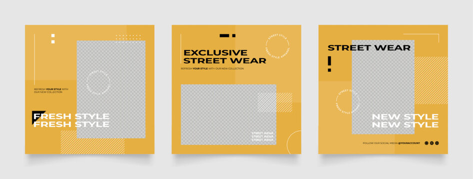 Social media template banner blog street wear fashion sale promotion. fully editable instagram and facebook square post frame puzzle organic sale poster. yellow black vector background