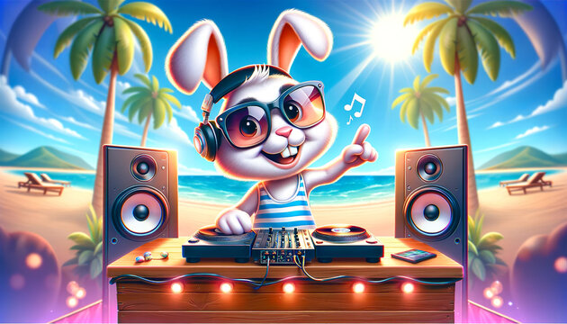 A cartoon rabbit DJ with headphones and sunglasses plays music on turntables at a beach party under the bright sun with palm trees.DJ concept.AI generated.