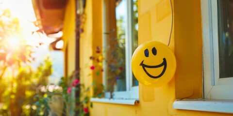 Smiley face symbol on a home's yellow pipe radiates cheer in daylight - obrazy, fototapety, plakaty