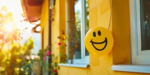 Fotobehang Smiley face symbol on a home's yellow pipe radiates cheer in daylight © Dougie C