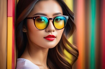 Photo of good mood charming sweet lovely young korean woman smiling wear glasses, Youth Fashion,