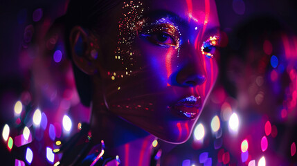 Futuristic fashion show with holographic models showcasing next-gen beauty trends