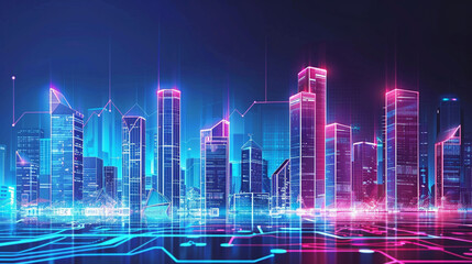Futuristic financial district skyline, neon lights symbolizing business growth and innovation - obrazy, fototapety, plakaty