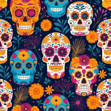 Folkloric Sugar Skulls and Festive Florals Day of the Dead Pattern.