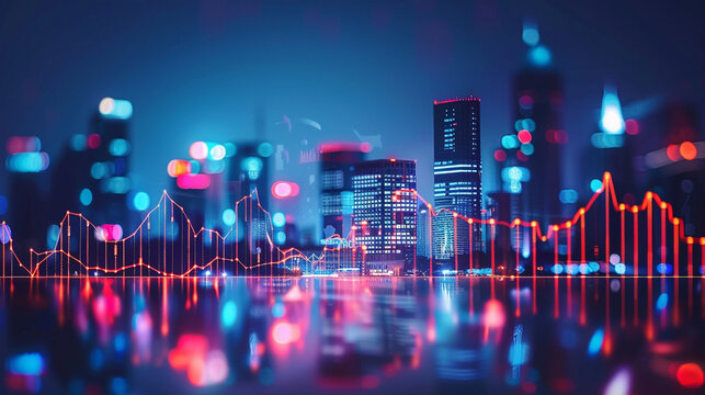 Futuristic financial district skyline, neon lights symbolizing business growth and innovation