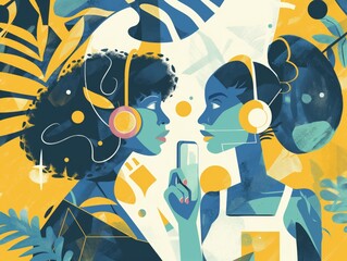 Digital painting of two people sharing content via smartphone surrounded by abstract elements and vibrant colors for social media marketing
