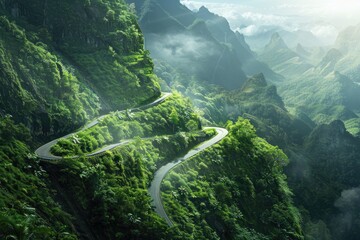 A winding mountain road with breathtaking views, symbolizing the upcoming journey and adventure. - obrazy, fototapety, plakaty