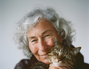 An elderly smiling woman hugs a cat. The concept of hug day. Taking care of animals. The concept of loneliness