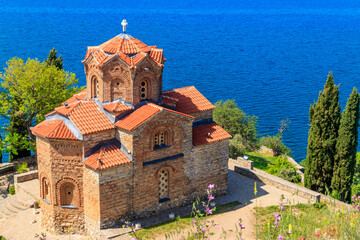 Fototapeta na wymiar View of Church of St. John at Kaneo and Lake Ohrid in the city of Ohrid, North Macedonia