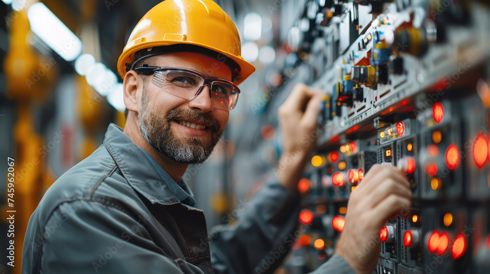 Poster Automotive worker smiling while working at an electronics panel in an electronics company setting. Generative AI.