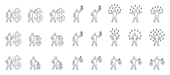 Man and finance success. Person holds big and small dollar signs or bank bags with money. Dollars fall on successful businessman. Set of thin line vector icons. Editable Strokes
