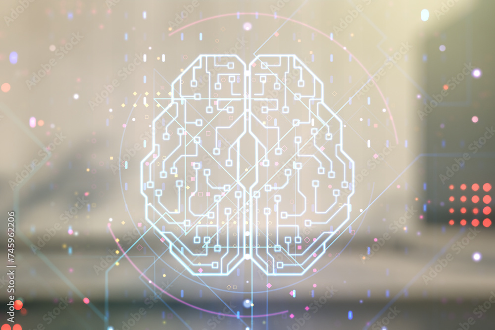 Aufkleber double exposure of creative artificial intelligence interface on modern business center exterior bac