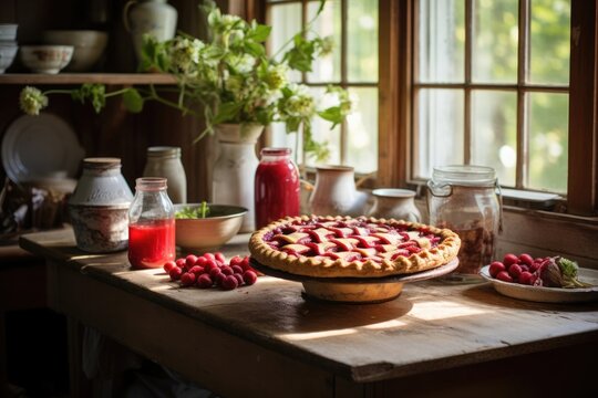 Elegant country pie with berries in a warm kitchen, afternoon sun casting a gentle glow
