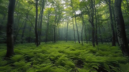 A native forest with various tree species. Generative AI.
