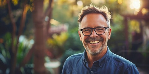 Smiling man in glasses with a beard, outdoors in sunlight, feeling content.