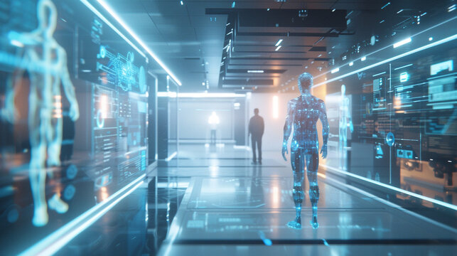Seamless fusion of AI and human intelligence, holographic interfaces in a high-tech lab environment