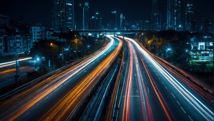 Fototapeta na wymiar Futuristic city roads with dynamic light trails, long exposure night photography. 
