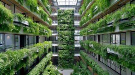 Fototapeta premium A modern building's atrium enhanced by a lush vertical garden, showcasing a blend of architecture and urban ecology. 