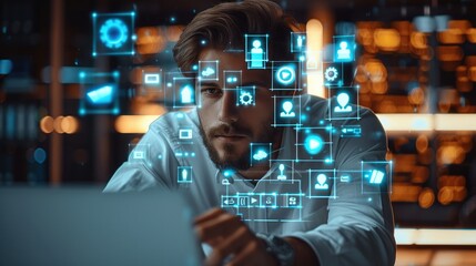 Handsome project manager works at a computer in an office. Augmented reality social media icons appear on the employee's laptop. Internet of things, connectivity and online concept. Generative AI.
