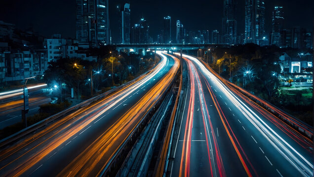 Futuristic city roads with dynamic light trails, long exposure night photography. 