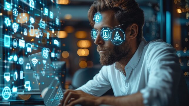 Handsome project manager works at a computer in an office. Augmented reality social media icons appear on the employee's laptop. Internet of things, connectivity and online concept. Generative AI.